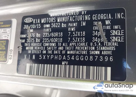 2016 Kia Sorento 3.3L Ex из США, поврежденный, VIN 5XYPHDA54GG087396